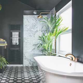 Bold black contemporary bathroom, with large walk-in shower and freestanding bath and green plants