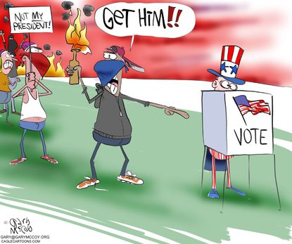 Political cartoon U.S. Trump rioters against voting