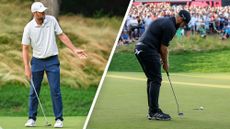 Scottie Scheffler reacting to a missed putt and Tyrrell Hatton watching his ball slide by on the right hand side of the hole to miss on the green