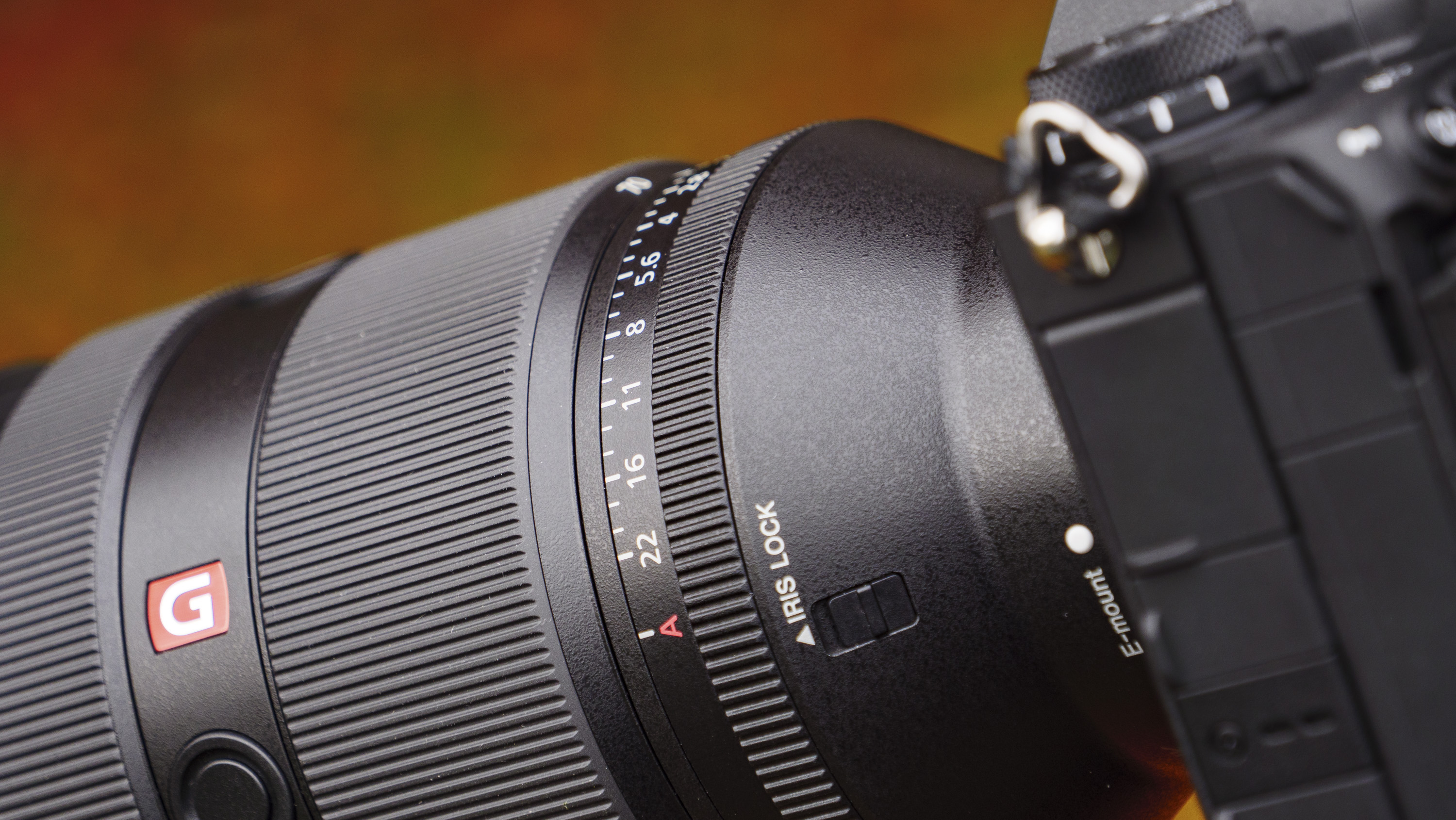 Closeup of the Sony FE 28-70mm F2 GM lens aperture dial