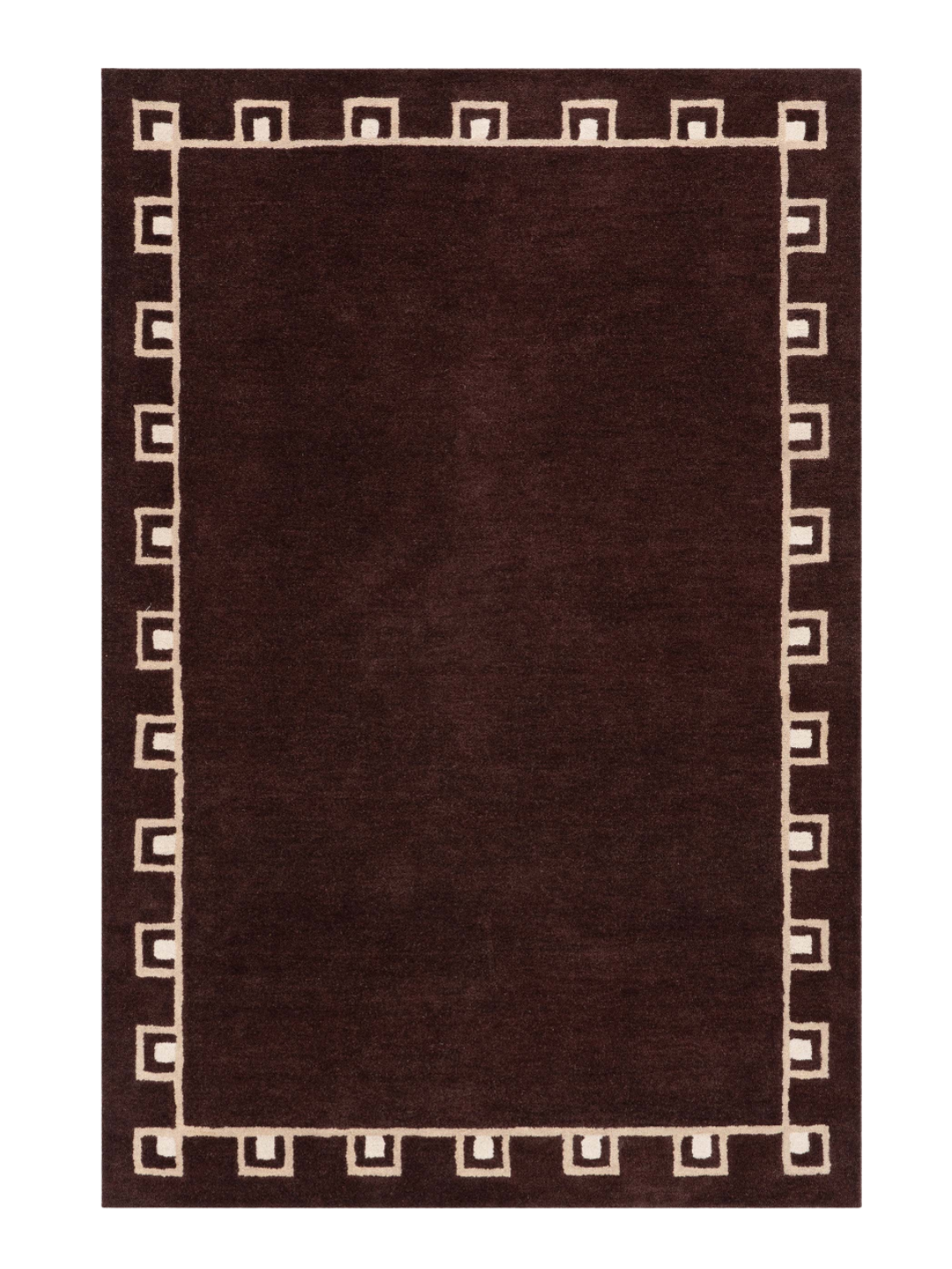 a dark brown rug with a geometric border