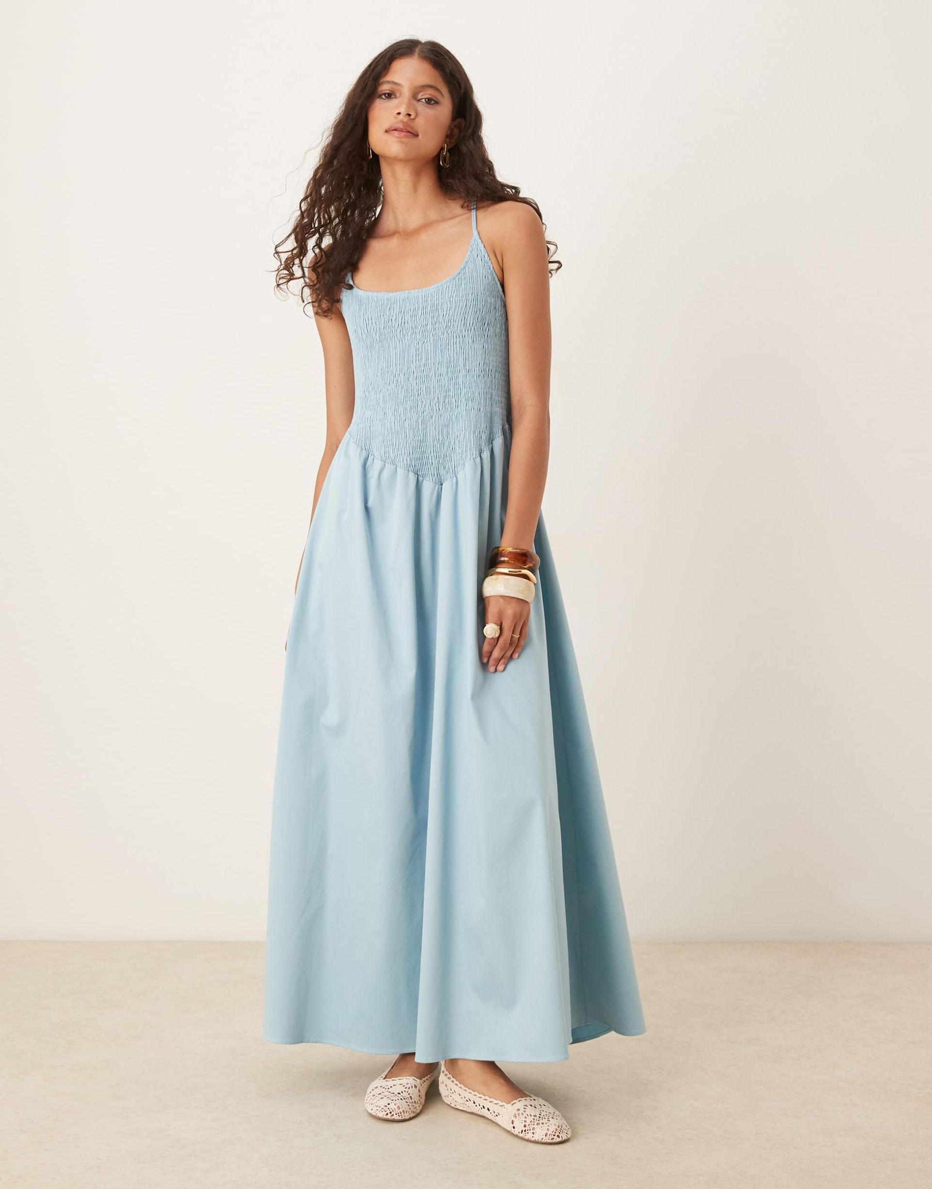 ASOS Design, Scoop Neck Crinkle Maxi Dress With Cross Back in Steel Blue