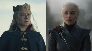 From left to right: Emma D'Arcy on House of the Dragon, Emilia Clarke looking disgusted on Game of Thrones