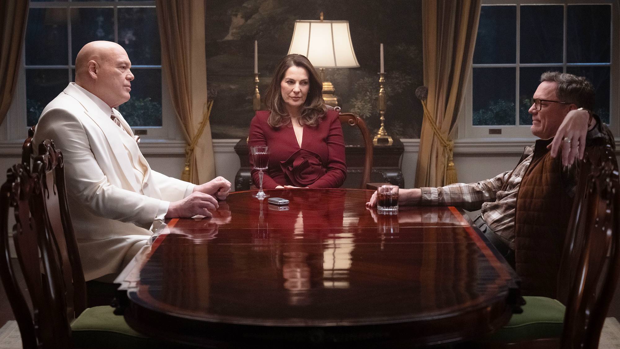 Vincent D&amp;rsquo;Onofrio as Wilson Fisk / Kingpin, Ayelet Zurer as Vanessa Fisk, and Matthew Lillard as Mr. Charles in "Daredevil: Born Again" season 2 on Disney+