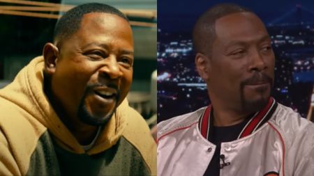 From left to right: Martin Lawrence smiling in Bad Boys: Ride or Die and Eddie Murphy looking to his right on The Tonight Show. 