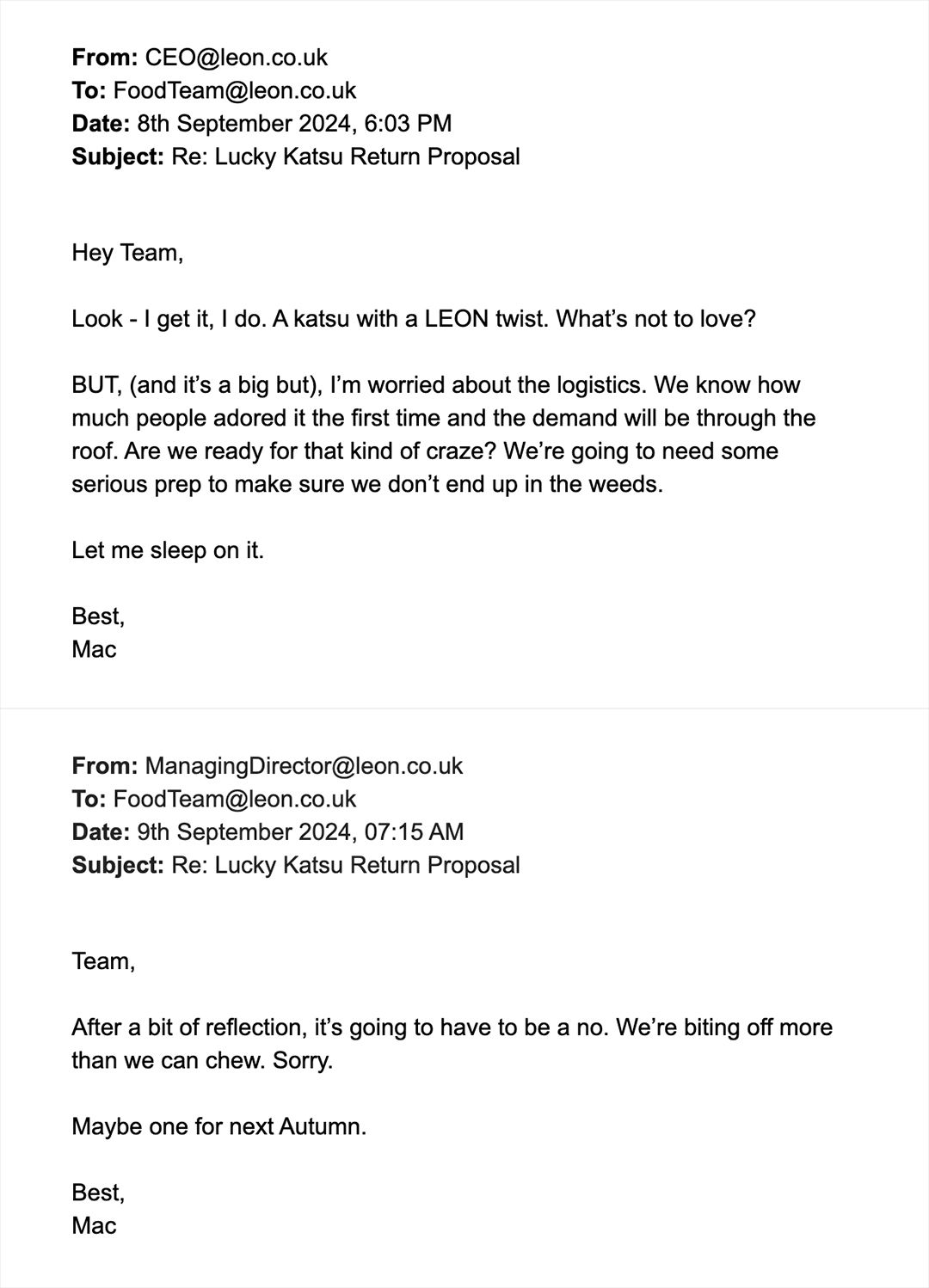 LEON marketing 'leaked' email chain