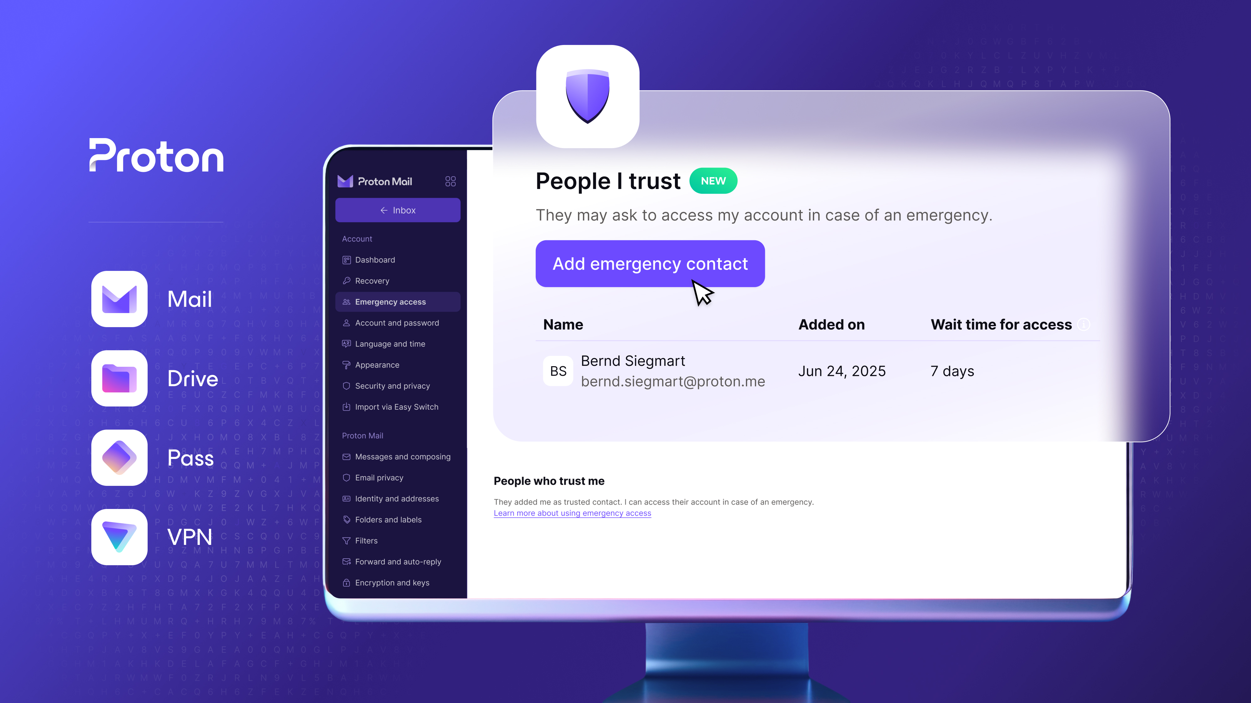 Proton&#039;s emergency contact feature, displayed on the desktop email app &amp;ndash; promo image