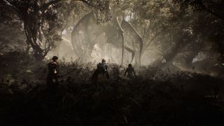 Adventurers confront a strange creature in dark woods in Pax Dei.