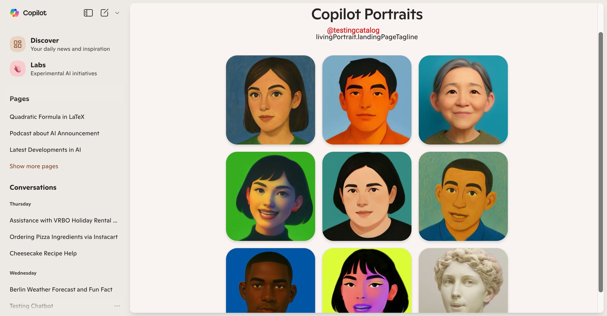 A grid of stylized Copilot Portraits, each depicting a different man or woman with unique expressions.