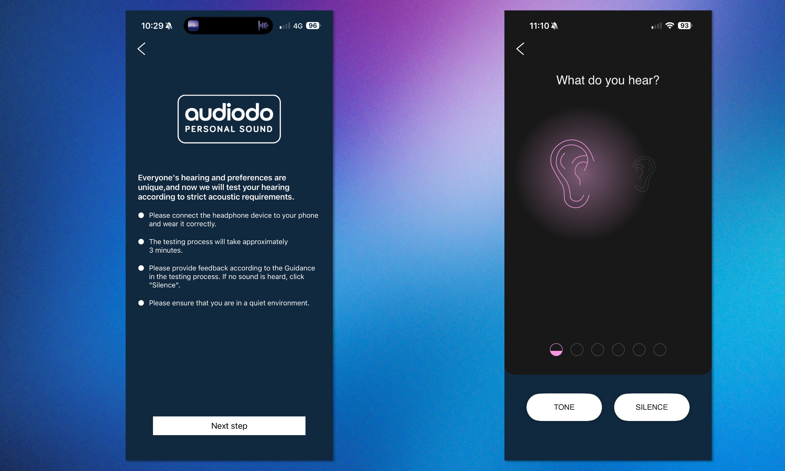 Two screenshots of the Noble Audio FoKus mobile app being used to set a custom audiodo EQ for the FoKus Artemis