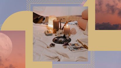 what astrology season is it feature image; a bunch of crystals, candles, and tarot cards on astro birth charts on a bed