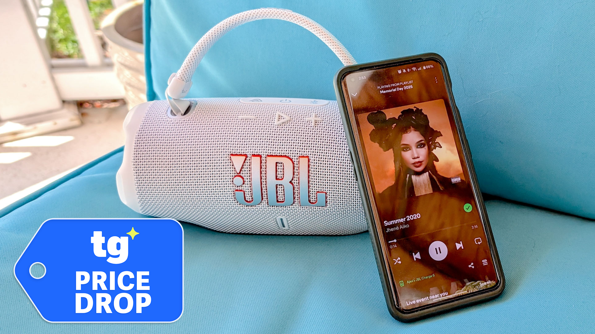 JBL Charge 6 shown with smartphone