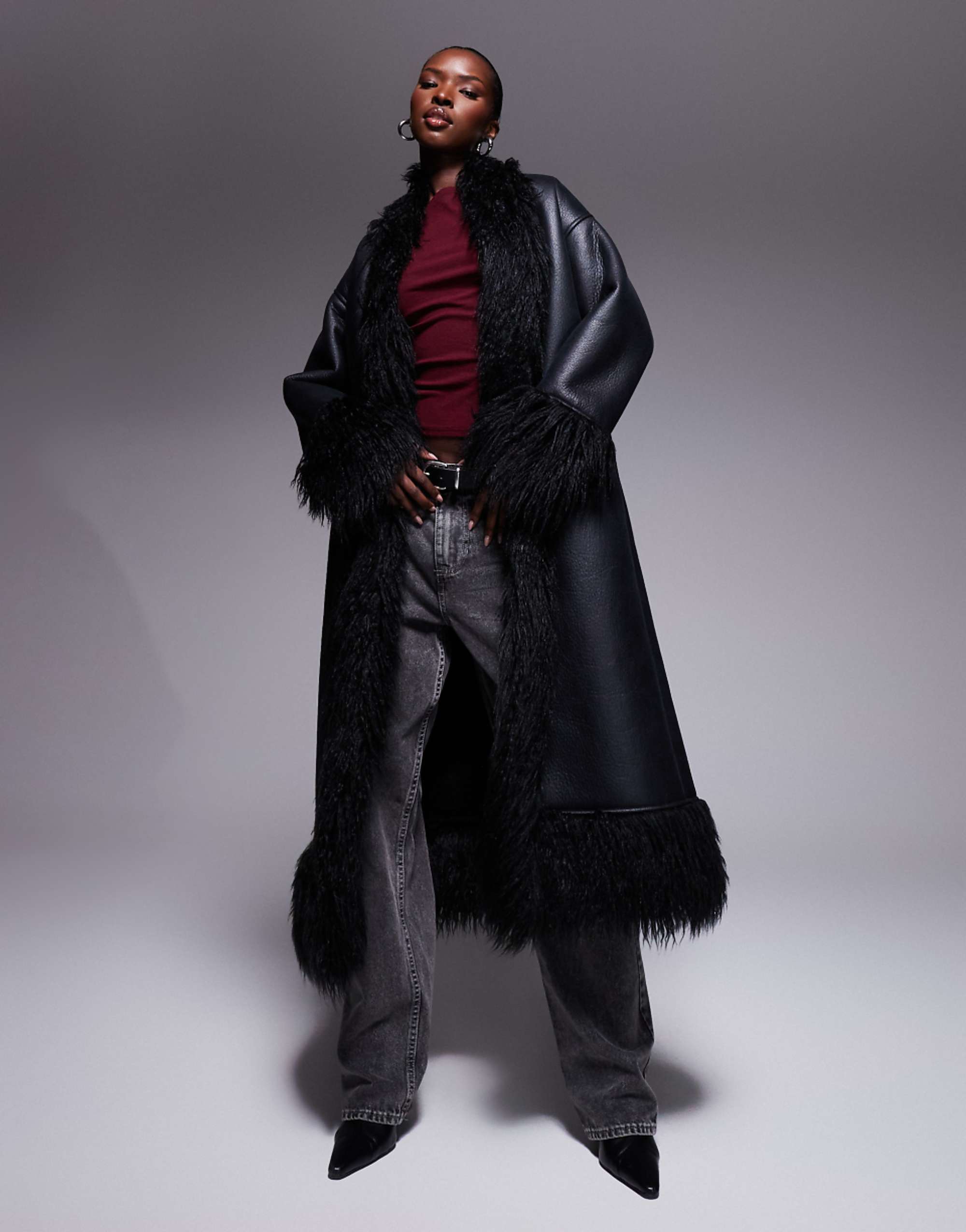 Aria Cove Shaggy Faux Fur Trim Leather Look Maxi Coat in Black