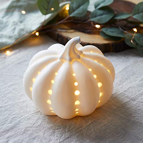 Lights4fun Ceramic Pumpkin Light Up Battery Operated Led Autumn Halloween Indoor Decoration 17cm