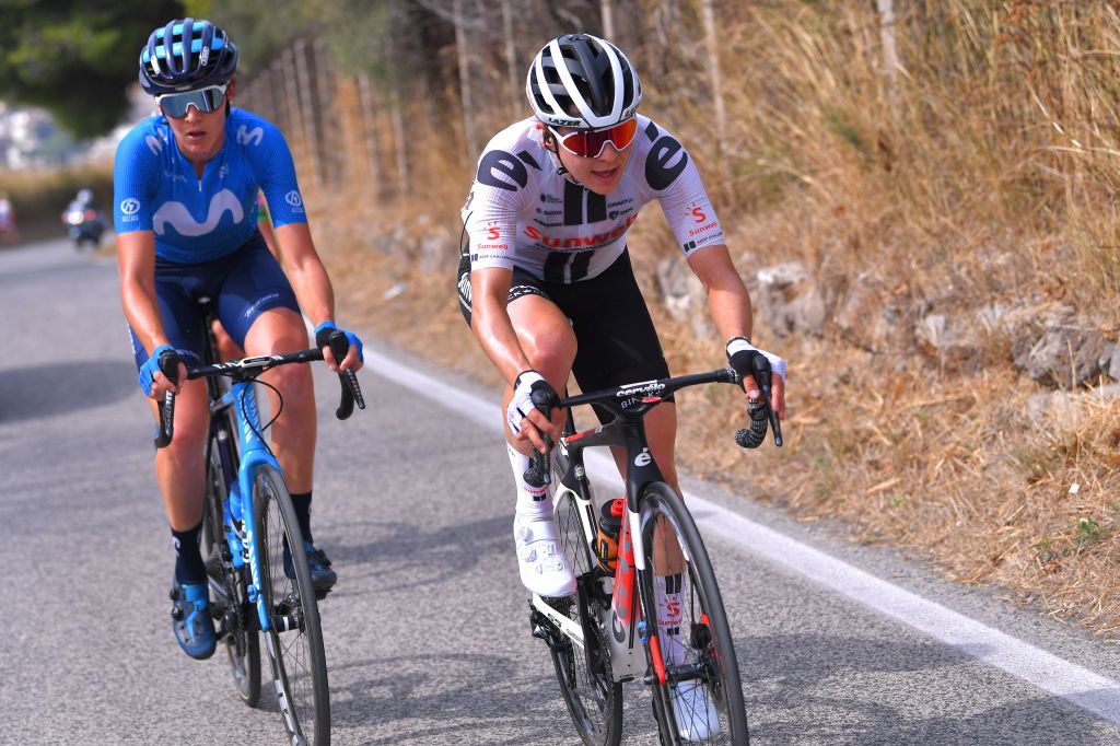 MADDALONI ITALY SEPTEMBER 17 Alison Jackson of Canada and Team Sunweb Barbara Guarischi of Italy and Movistar Team Women Breakaway during the 31st Giro dItalia Internazionale Femminile 2020 Stage 7 a 1125km stage from Nola to Maddaloni GiroRosaIccrea GiroRosa on September 17 2020 in Maddaloni Italy Photo by Luc ClaessenGetty Images