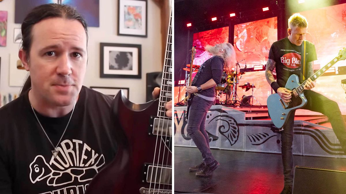 Ben Eller wears a black Dunlop Tortex T-shirt [left] and holds a double-cut electric guitar; [right] Troy Sanders and Bill Kelliher perform onstage with Mastodon.