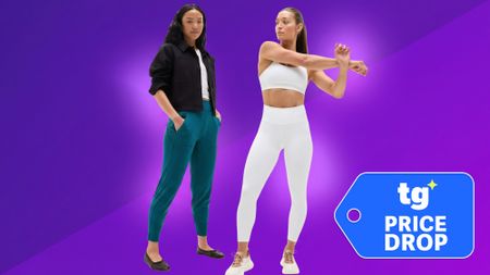 Two women wearing Athleta apparel against a violet backdrop