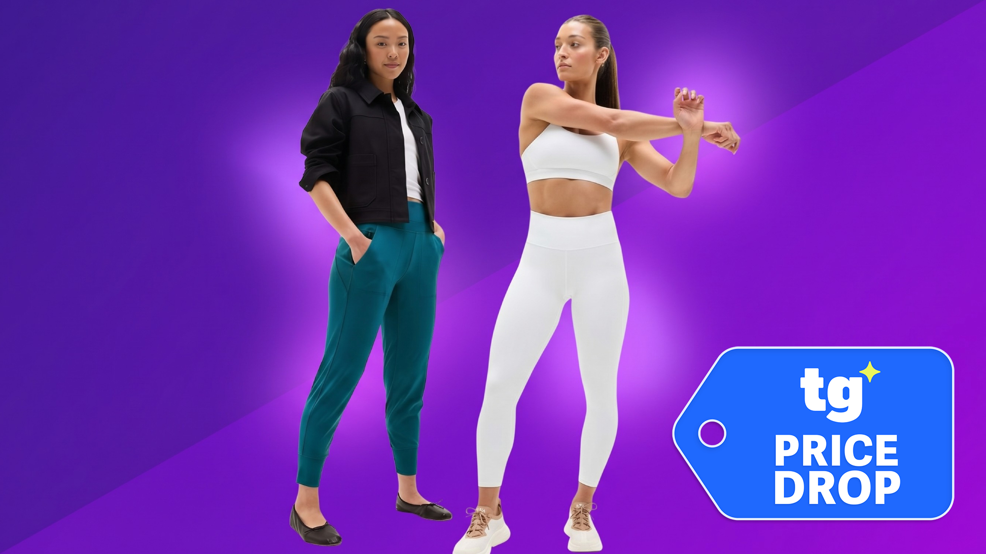 Two women wearing Athleta apparel against a violet backdrop