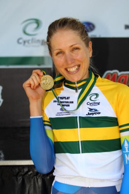 Shara Gillow (Orica - AIS) shows off her medal after the podium ceremony