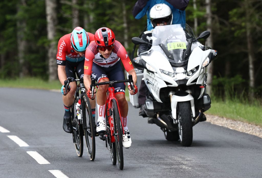 Riders break away from the pack during the second stage of the 75th edition of the Criterium du Dauphine cycling race 1673 kms betwenn BrassaclesMines and La ChaiseDieu central France on June 5 2023 Photo by AnneChristine POUJOULAT AFP Photo by ANNECHRISTINE POUJOULATAFP via Getty Images