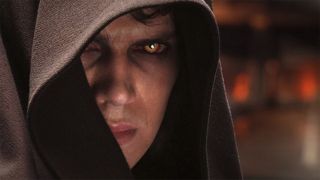 Anakin Skywalker, recently turned to the Dark Side, looks at the camera.