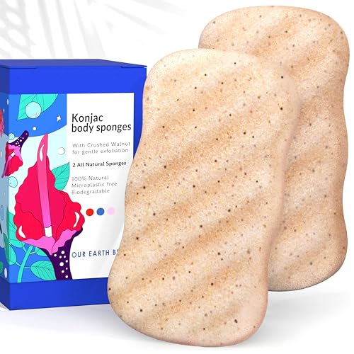 Konjac Sponge Body (2 Pack) Exfoliating Walnut | Microplastic Free 100% Natural | Non-Toxic | Biodegradable | Eco-Friendly | Plastic Free Packaging