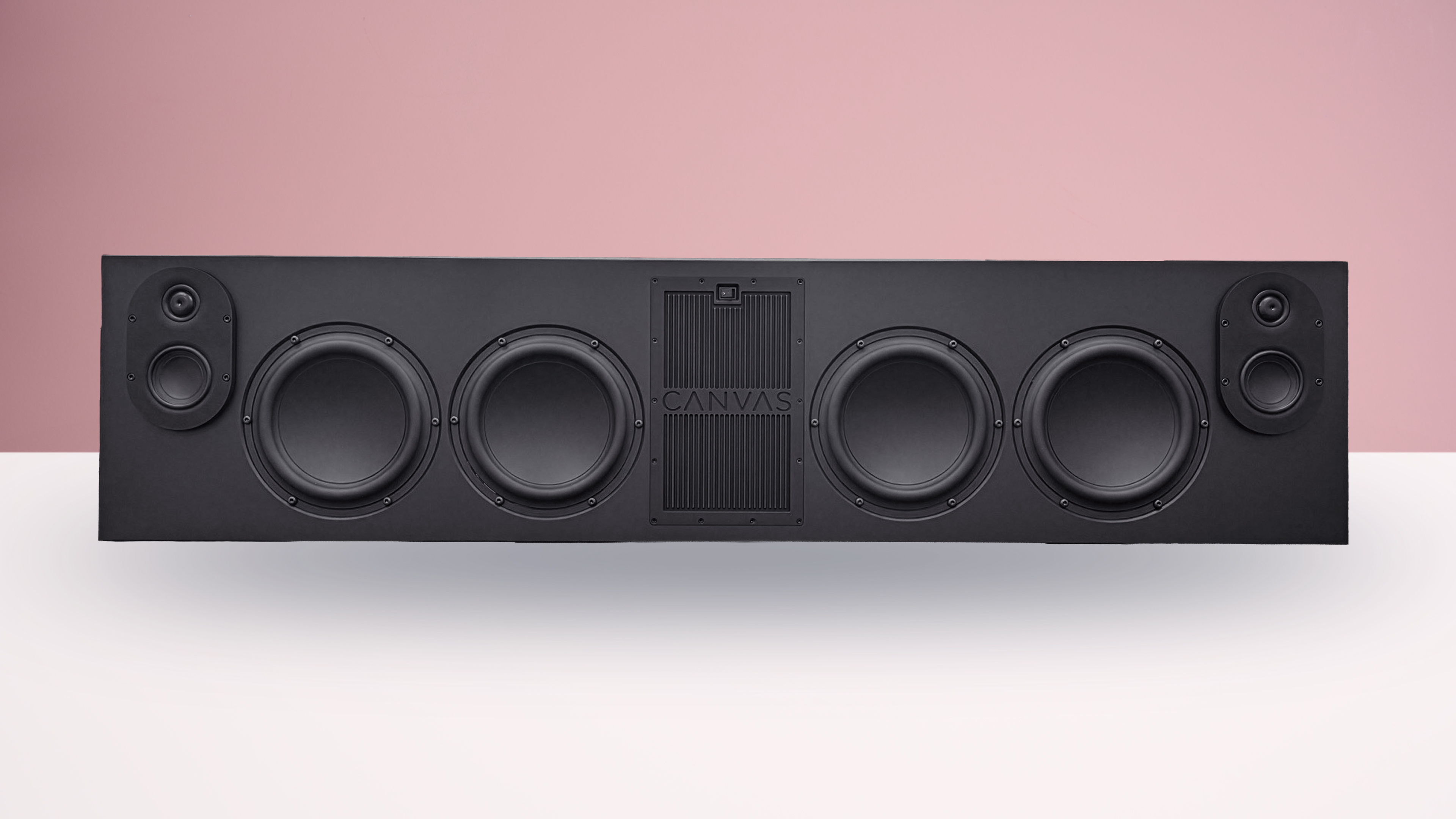 The Canvas L sound floating above a white surface, the uncovered panel of the bar shows its 8 speaker drivers