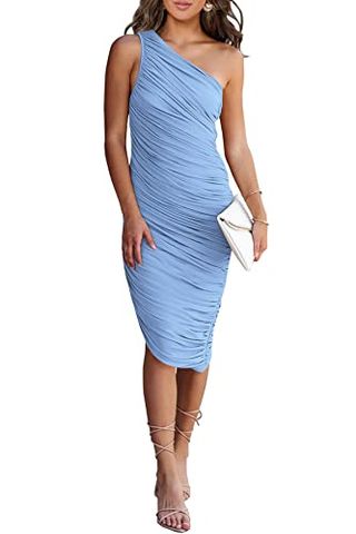 Prettygarden Women's Ruched Bodycon Dress 2024 Summer One Shoulder Sleeveless Party Cocktail Pencil Dresses (light Blue,medium)