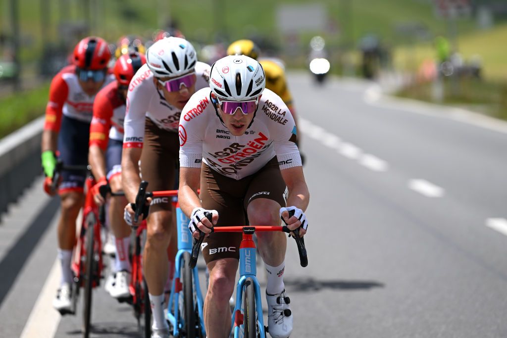 LA PUNT SWITZERLAND JUNE 15 Stan Dewulf of Belgium and Ag2R Citron Team competes during the 86th Tour de Suisse 2023 Stage 5 a 211km stage from Fiesch to La Punt 1696m UCIWT on June 15 2023 in La Punt Switzerland Photo by Dario BelingheriGetty Images
