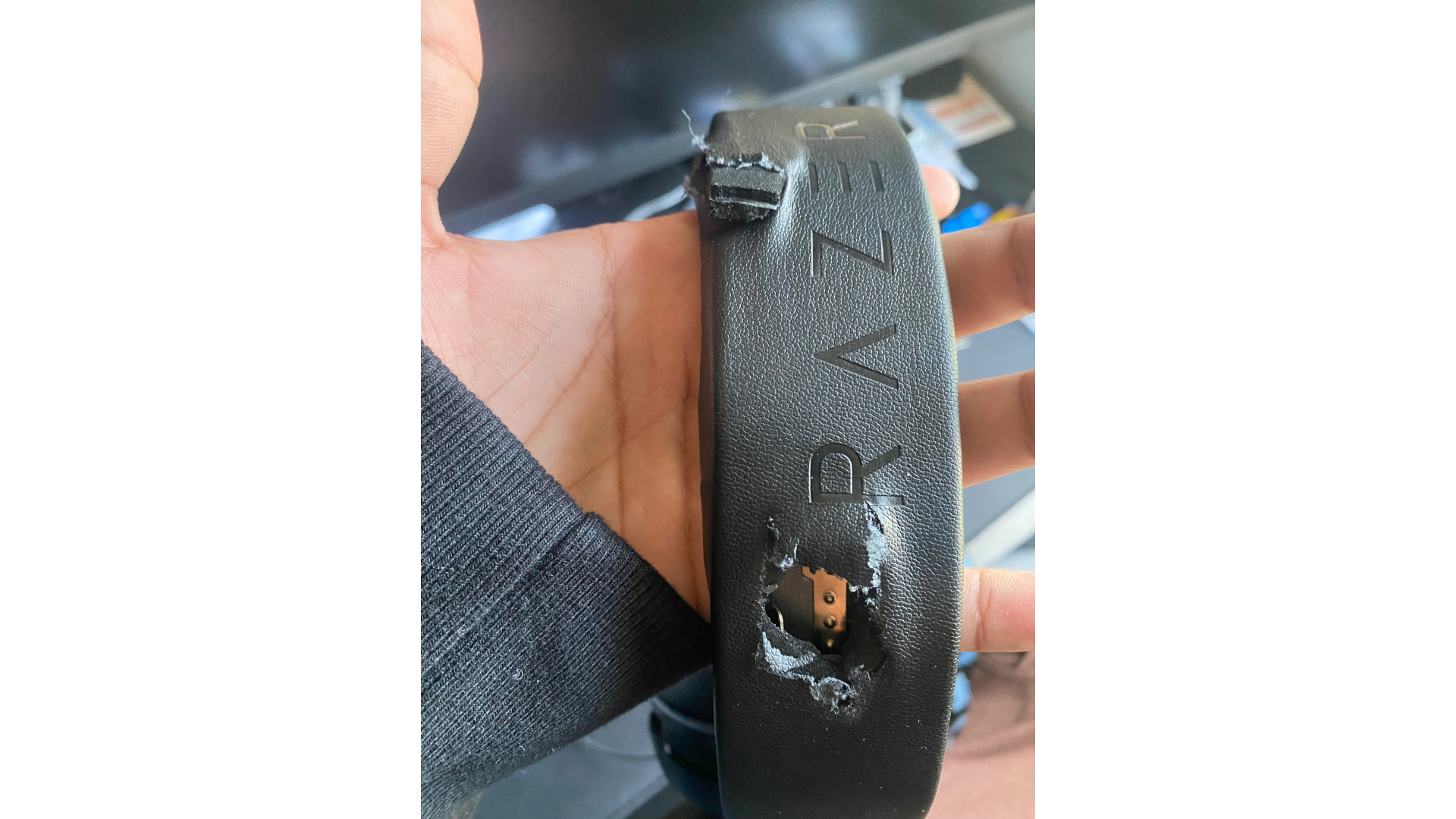 A Razer headset damaged by a bullet