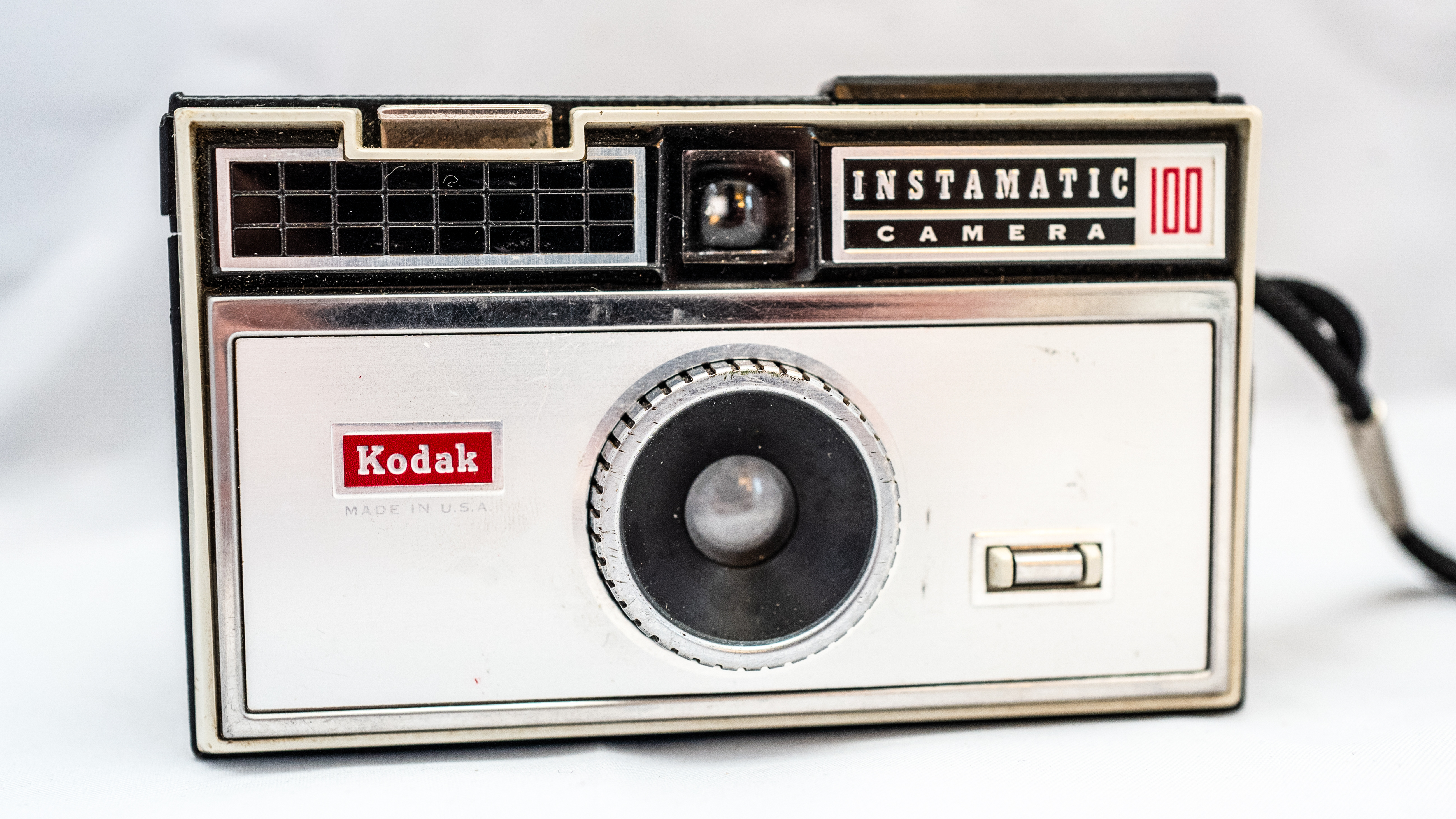 Close-up of Kodak Instamatic 100 film camera, ca 1965, using the 126 format, isolated on a white background. (Photo by Smith Collection/Gado/Getty Images)