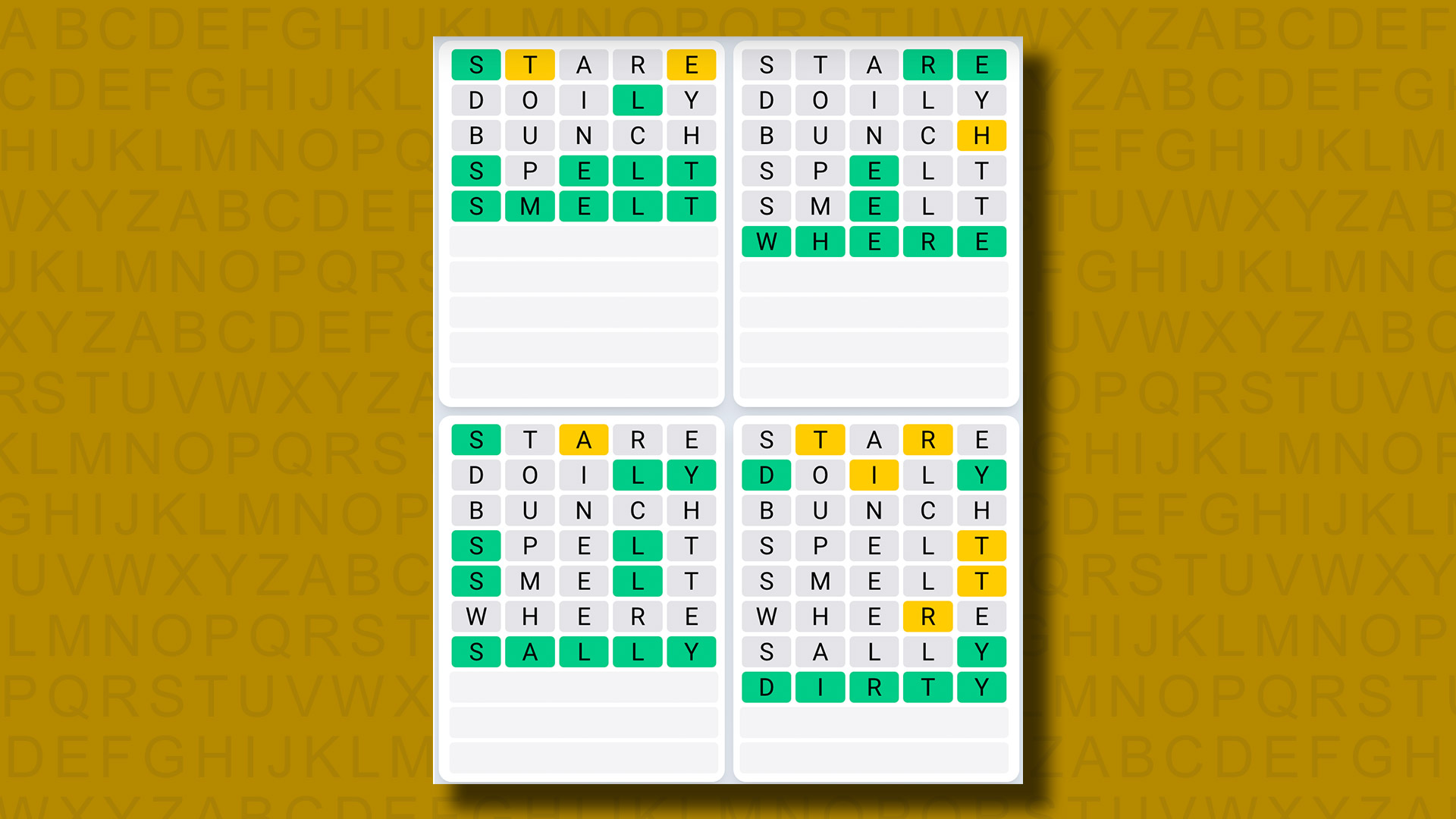 Quordle Daily Sequence answers for game 1033 on a yellow background