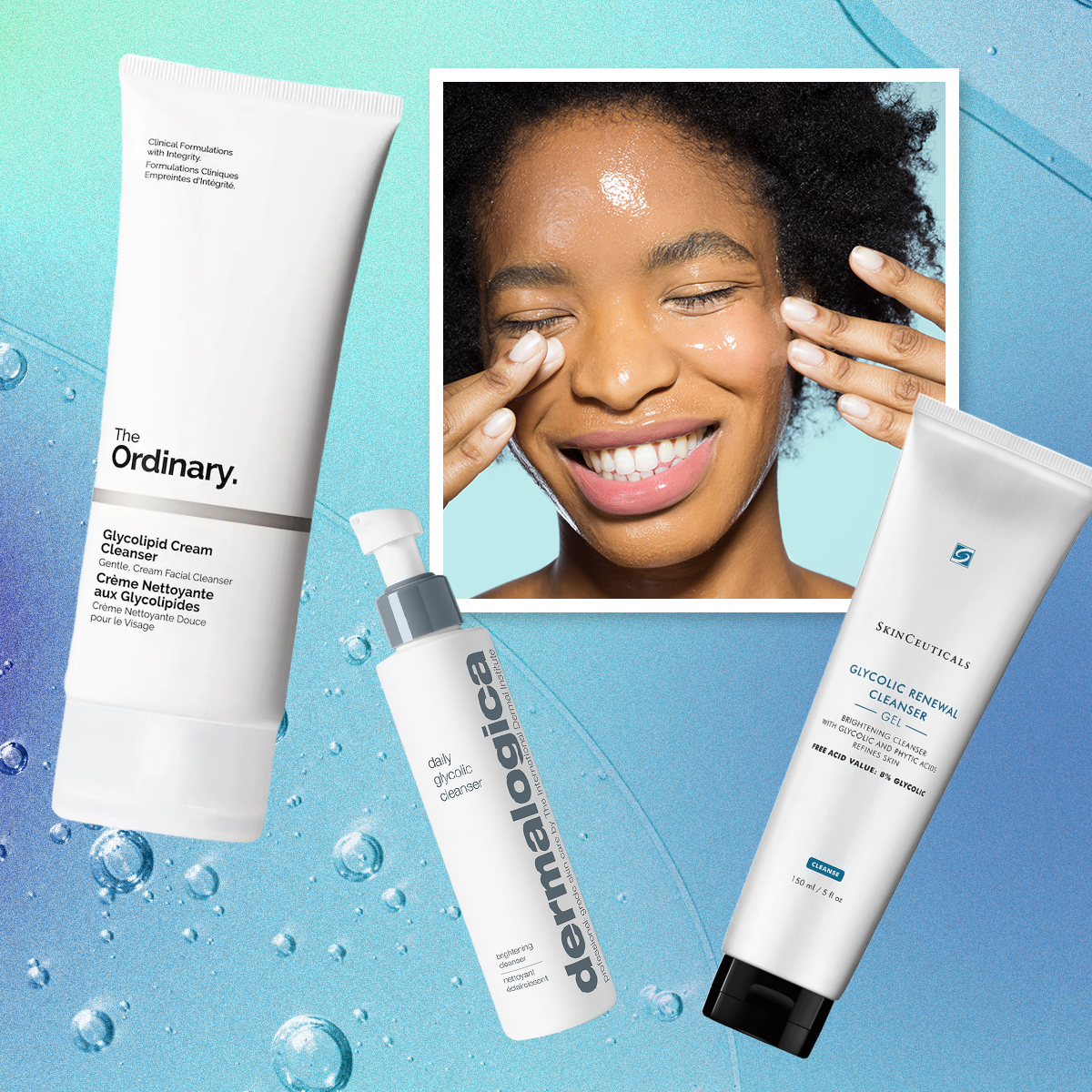 best glycolic acid cleansers on a blue background with a model washing her face