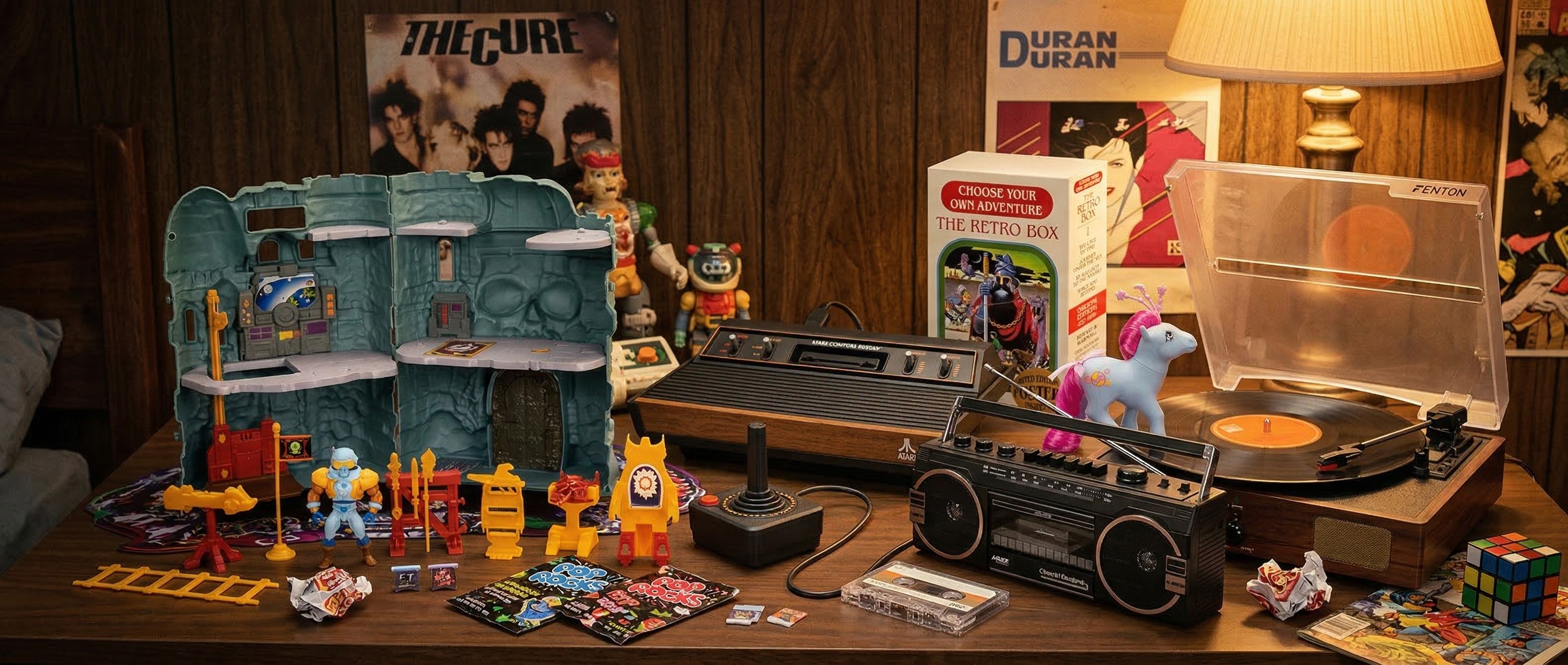 A 1980s-inspired kids bedroom setting scattered with 80s toys and gadgets