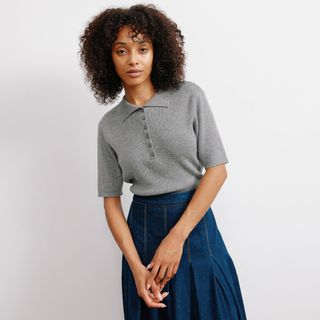 Grey Knitted Polo Top