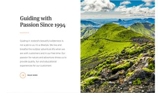 Homepage of Mountainguides.is with portrait shot of a hillside