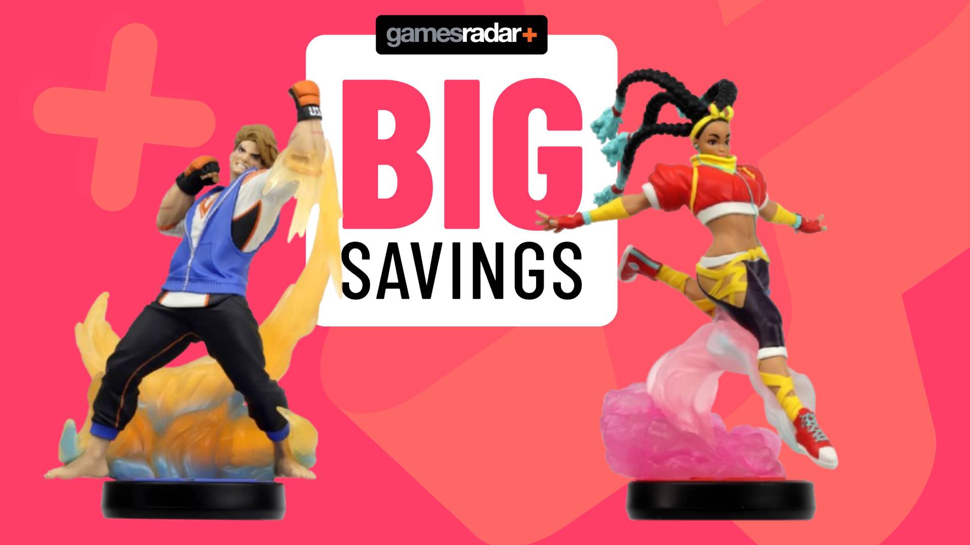 Image of two Street Fighter 6 amiibo on a pink GamesRadar+ background.