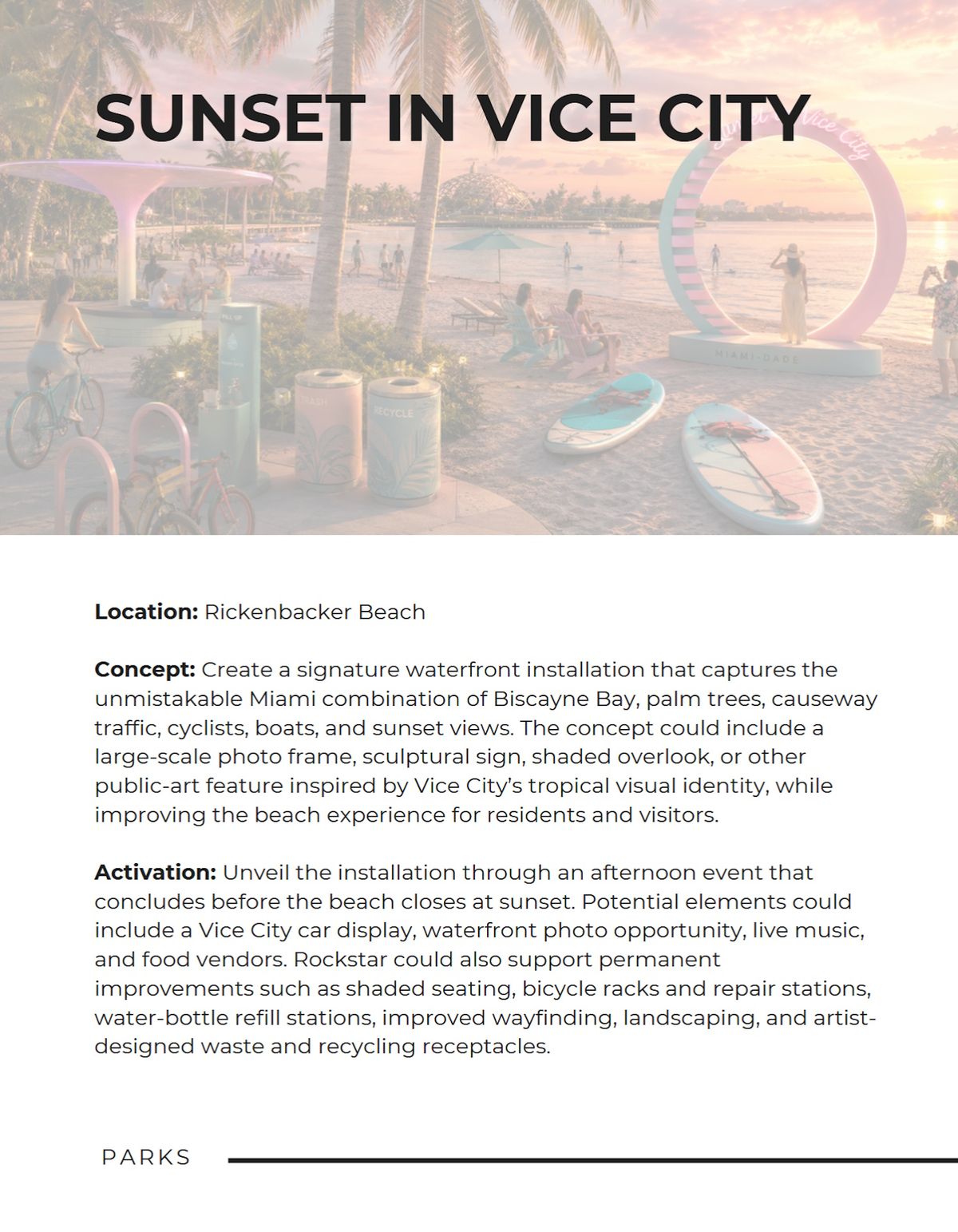 Sunset in Vice City page from GTA 6 x MDC pitch deck proposing Grand Theft Auto 6 collaboration between Miami-Dade and Rockstar