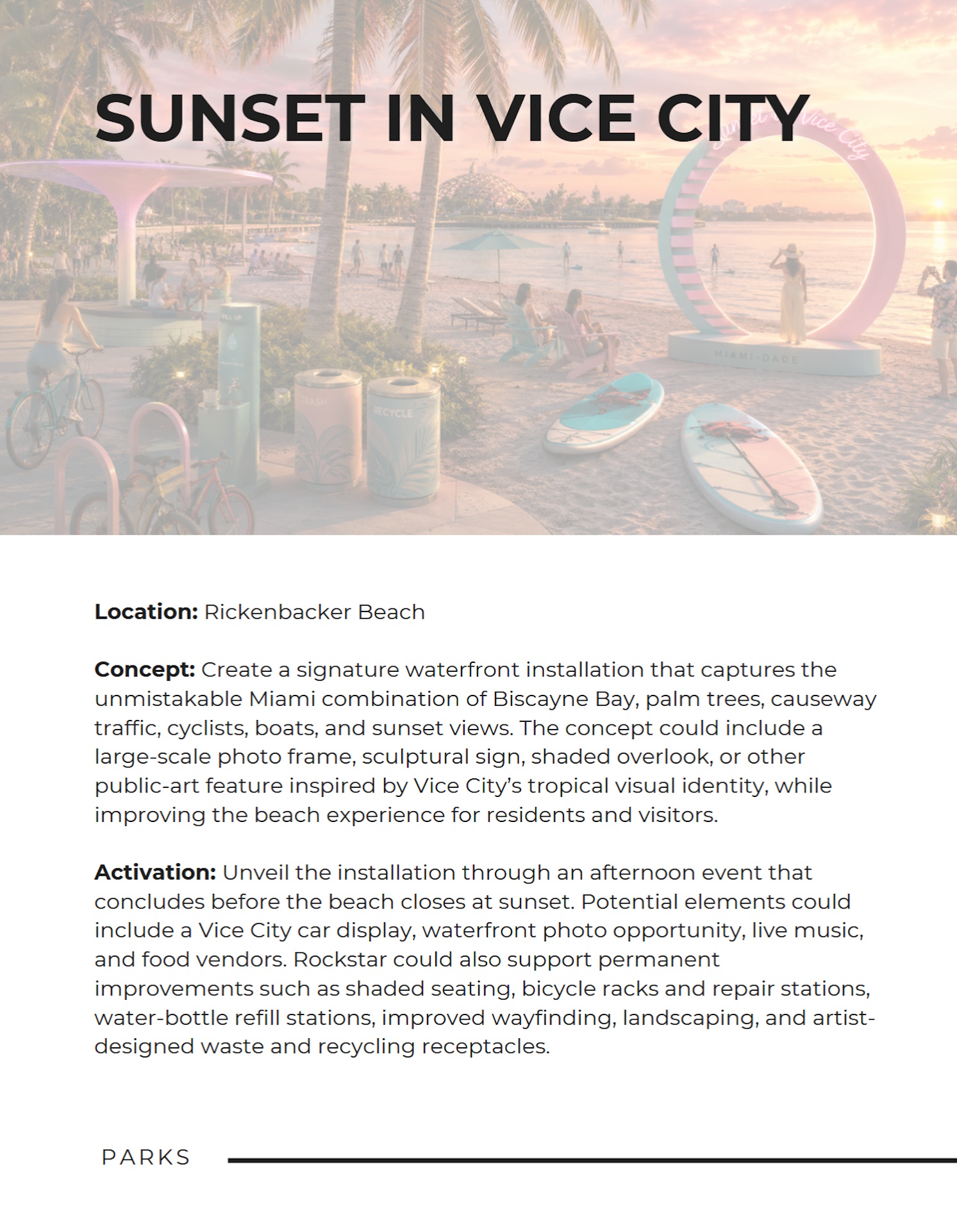Sunset in Vice City page from GTA 6 x MDC pitch deck proposing Grand Theft Auto 6 collaboration between Miami-Dade and Rockstar