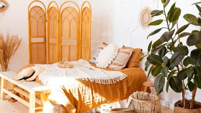 Boho bedroom with white and terracotta accents and plants