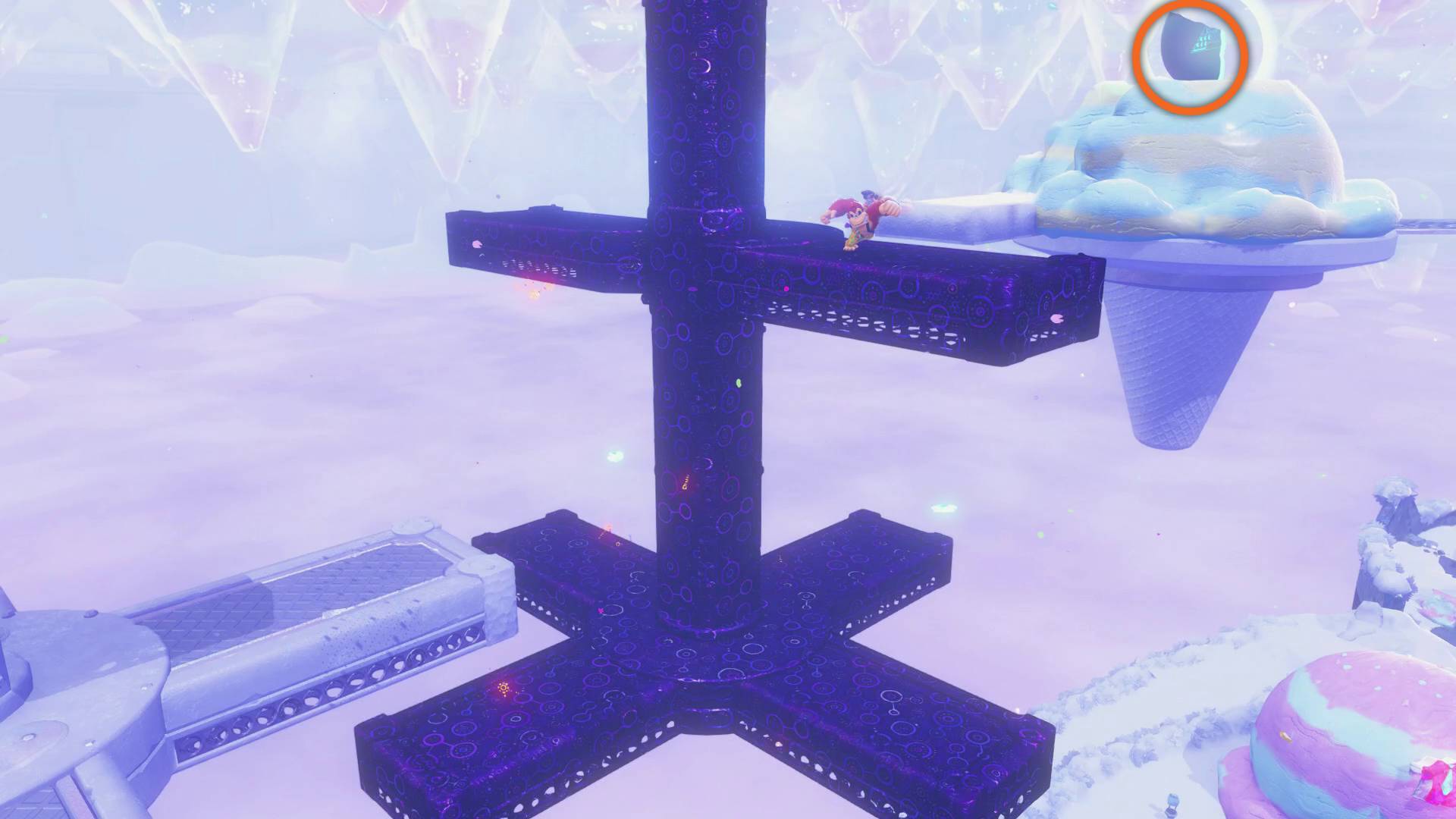 Donkey Kong Bananza zebra Bananza ancient record piece on top of spinning platforms and ice cream scoop