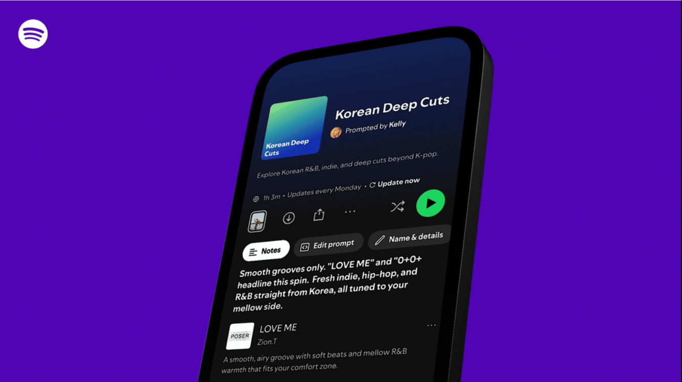 An iPhone showing a completed Prompted Playlist in Spotify with song descriptions