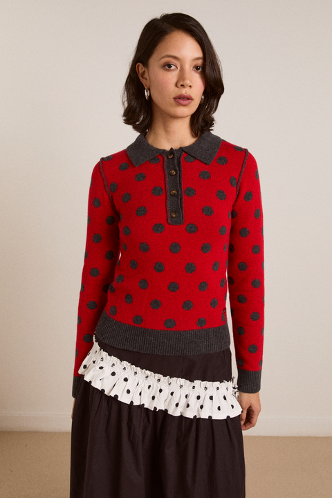 Lia Merino Wool Reversible Polo Jumper - Red/grey Spot