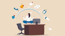 Workplace distraction concept image showing woman in meditation pose on a desk with email and message notifications overhead.