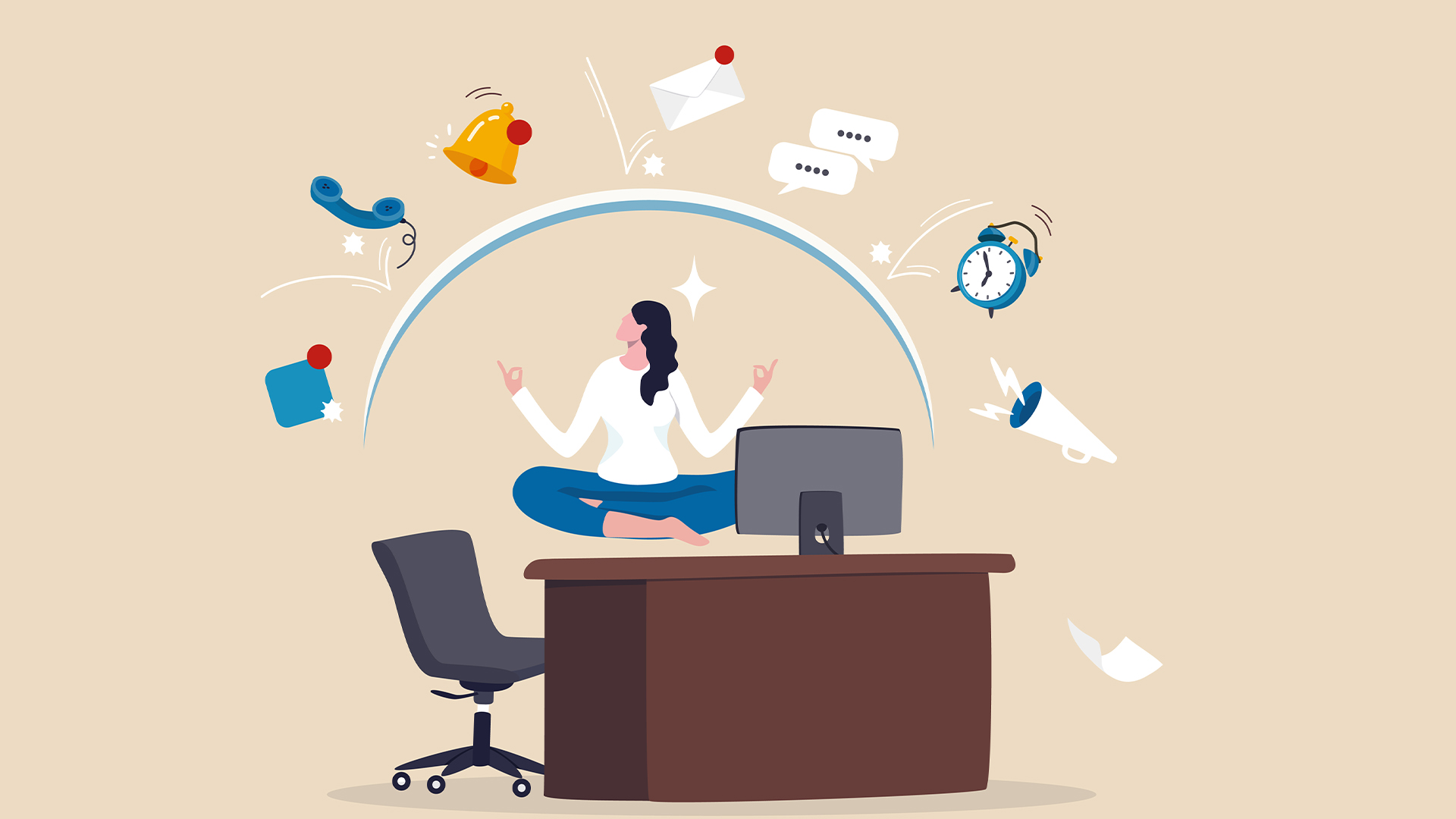 Workplace distraction concept image showing woman in meditation pose on a desk with email and message notifications overhead.