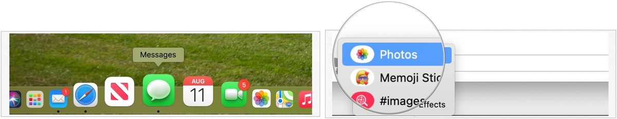 To add photos, click on the Messages app, then choose an existing conversation. Next, select the App Store icon, then choose Photos.