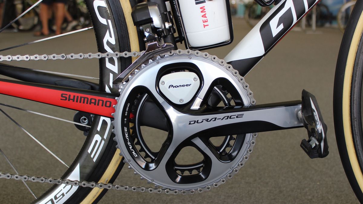 The bike is equipped with Shimano Dura-Ace Di2 shifting and a Pioneer power meter