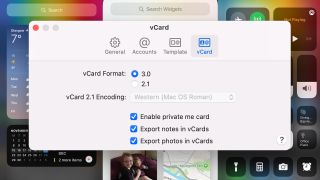 Screen shot showing macOS vCard options