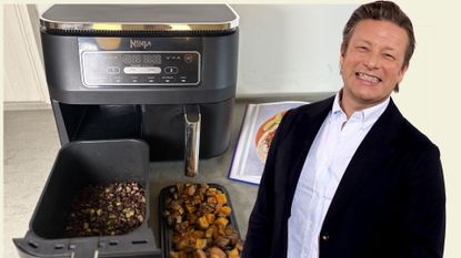 Jamie Oliver next to the beans and sweet potato that uses his air fryer hack for maximising space