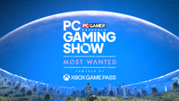 A blue sky background with text that reads: "PC Gamer Presents PC gaming Show: Most Wanted Powered by Xbox Game Pass"
